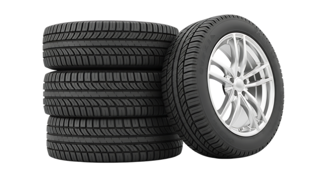 Stack of new car tires and one tire mounted on a silver alloy wheel isolated on white background