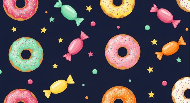 Colorful Donuts and Wrapped Candies Pattern on Dark Background, Seamless Sweet Food Wallpaper