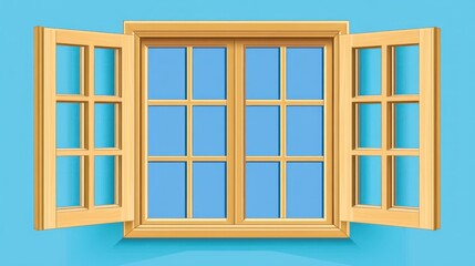 Open wooden window with light blue sky view