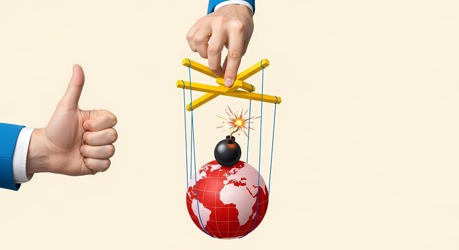 Global Manipulation Concept with Puppet Strings and Earth Globe, Hand Control and Thumbs Up