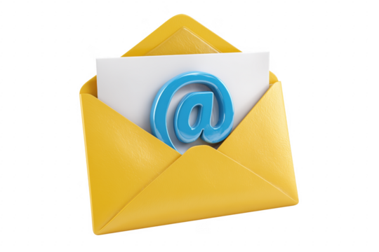 Yellow envelope with blue at symbol white paper isolated on a transparent background