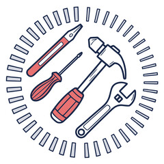 Illustration of various hand tools arranged in a circular pattern
