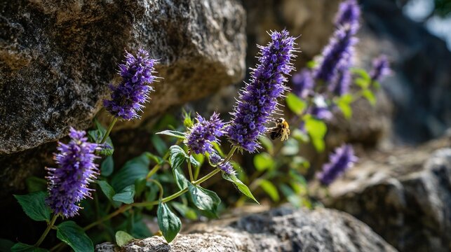 hyssop. Close-up of purple hyssop flowers in a rocky crevice with a bee collecting pollen in sunlight. gardening catalogs, home-decor guides, designed for home decor and floral branding.