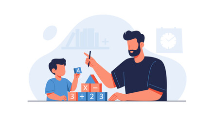 A father helps his son learn math using colorful blocks, fostering early education and a strong bond through playful activities.