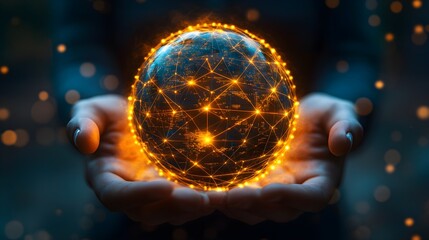 Glowing digital globe held in hands