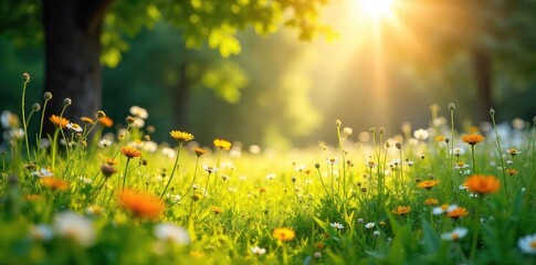 Obraz premium Sun-Dappled Meadow Wildflowers Swaying Gently in Warm Summer Breeze, Peaceful and Carefree Scene