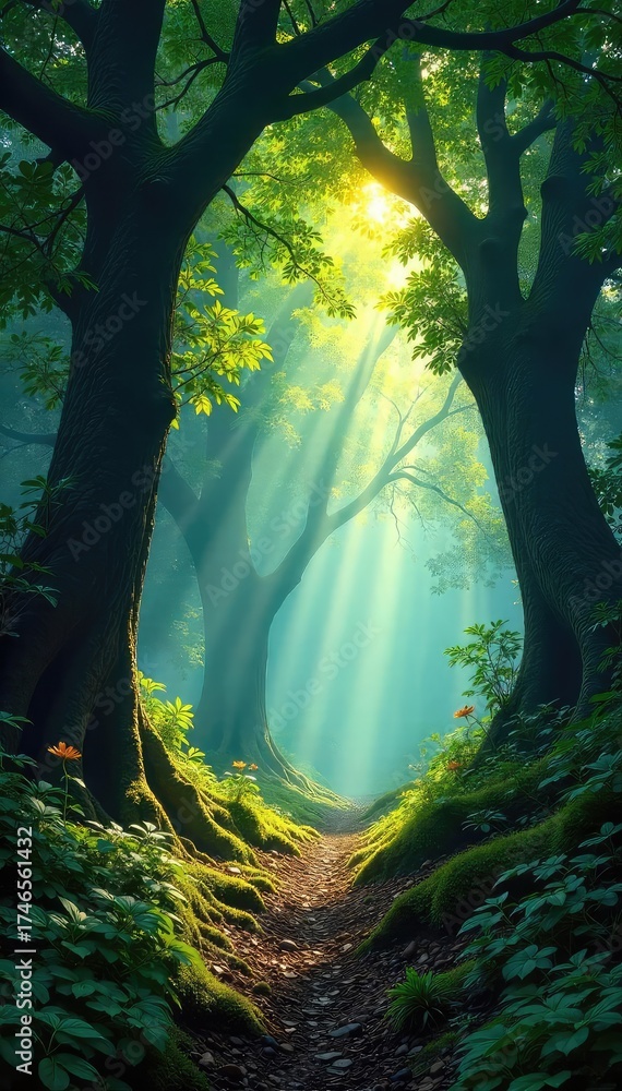 Wall mural sunlight dappling through the ancient trees of a lush, vibrant forest, creating a magical atmosphere