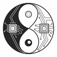 Monochrome yin yang symbol with computer chips