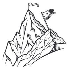 Monochrome illustration of a mountain peak with two flags