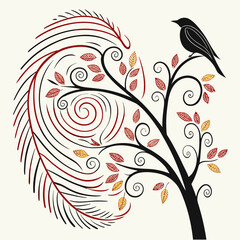 Stylized tree with bird and feather