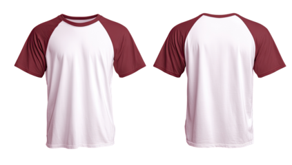 Blank white t-shirt with maroon raglan sleeves. Front and back views