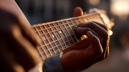Close-up of fingers playing guitar at sunset