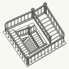 Isometric view of a complex wooden staircase with railings and landings