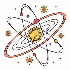 Illustration of an atom model with orbits and particles