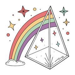 Illustration of a pyramid with a rainbow and stars