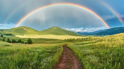 Naklejka premium Double rainbow over a grassy mountain path