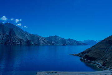 Mountain road of the Pangong Tso Lake in Ladakh. Jammu and Kashmir, India.
