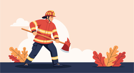A determined firefighter in uniform swings an axe, preparing to extinguish a fire, with autumn leaves and clouds in the background, ready for action.