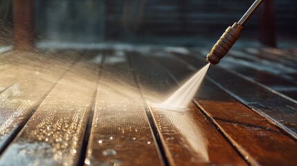 Pressure washing a wood surface. Close-up shot of cleaning tool and water spray. Cleaning outdoor decks with water under high pressure. Deck maintenance.