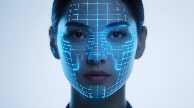 Digital biometric scanning technology with glowing blue grid patter...