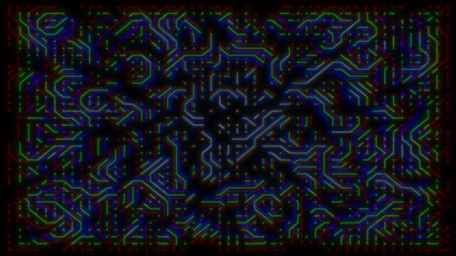 Neon multi-color microchip. Complex digital circuit layout. Bright energy pulses on a digital grid.