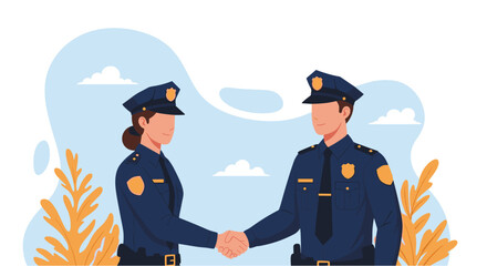 Two police officers, a man and a woman, shake hands in a gesture of partnership and collaboration against a light blue backdrop.