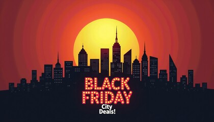 Black Friday city skyline silhouette with sunset background  