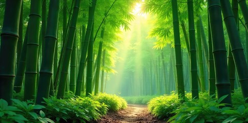 Vibrant green bamboo stalks in a lush forest, sunlight filtering through the leaves creating dappled shadows on the ground Perfect for nature, ecology, and Asian-themed projects , zen, peace
