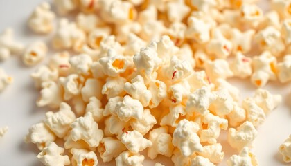 Close-up view of a pile of fluffy, freshly popped popcorn kernels, scattered on a white surface.
