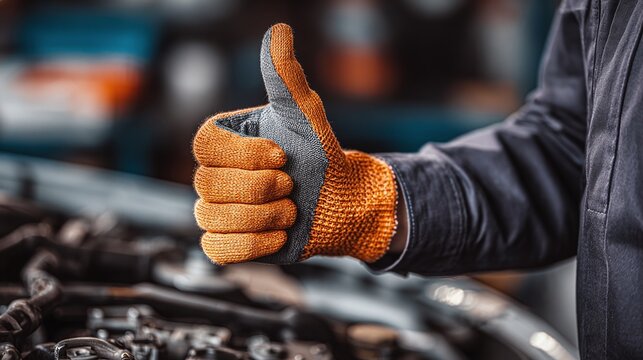 Thumbs up from a mechanic after repair. The mechanic is wearing a protective glove and standing over an engine after a repair. Success!