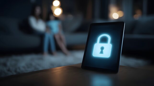 Close up of a tablet displaying a glowing padlock icon symbolizing digital security with a blurred family in the background of a dimly lit home - Powered by Adobe