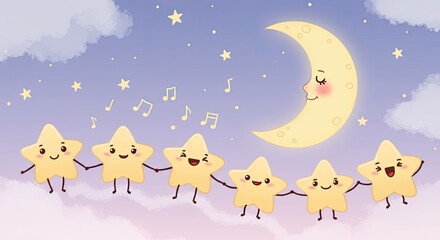 Whimsical Pastel Dreamscape Featuring a Row of Joyful Cartoon Stars Dancing Hand in Hand Beneath a Smiling Crescent Moon Set Against a Softly Clouded