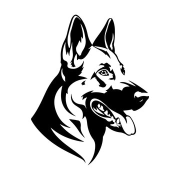 A silhouette of german shepherd dog head.  Logo black and white illustration.