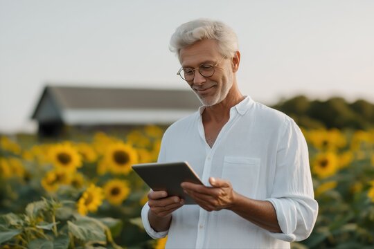 Caucasian mature male in sunflower field using tablet with barn in background