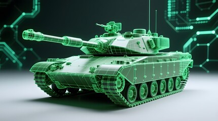 Green wireframe military tank with digital network background