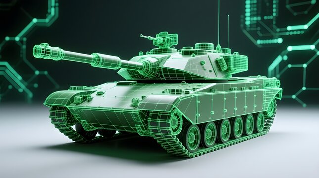 Green wireframe military tank with digital network background
