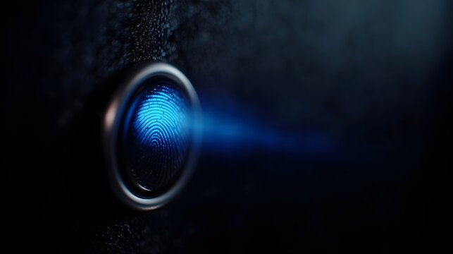 Close up of a glowing blue fingerprint scanner symbolizing secure digital access and identity verification