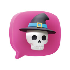 halloween,skull,chat 3d realistic icon of a spooky skull wearing a witch hat inside a pink chat bubble for scary messages