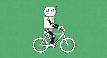 Retro Style White Robot Riding a Bicycle with Simple Clean Lines on a Textured Green Background Digital Art Illustration Optimized for Web Design and
