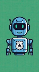Retro Pixel Art Blue Robot Character with Badge Emblem on Chest Standing Against a Textured Green Background a Nostalgic Digital Illustration Perfect