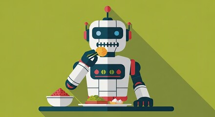 Retro pixel art robot character with large blue eyes and red accents on a white body eating a circular golden brown food item from a fork placed in a
