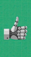 Pixelated robotic hand giving a thumbs up gesture against a textured green background symbolizing approval and positivity in a digital retro art