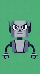 Pixelated Retro Robot with an Angry Expression and Antennae Against a Textured Green Background Evoking a Vintage Computer Game Vibe and Sci-Fi Theme