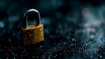 A golden padlock with water droplets sits on a dark circuit board symbolizing digital security and protection