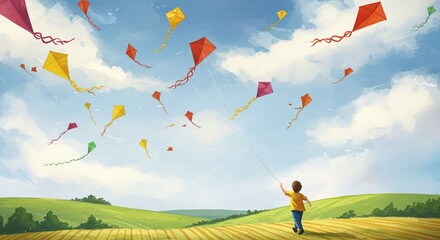 Pixelated Child Running Through Golden Fields Flying Numerous Colorful Kites on a Bright Sunny Day with Fluffy Clouds and Green Rolling Hills in the