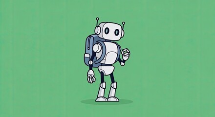 Pixel Art Robot Character with a Backpack Standing in a Textured Green Field, Retro Sci-Fi Aesthetic, Clean Minimalist Design, Suitable for Game