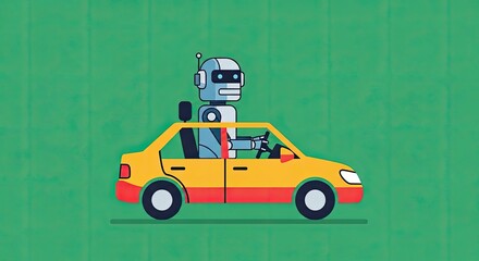 Pixel Art Robot Driving a Bright Yellow Car with Red Accents on a Textured Green Background Capturing the Nostalgic Charm of Retro Video Games and