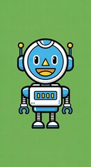 Pixel Art Blue Robot Character Standing and Smiling with Antennas and Screen Display on a Simple Green Background A Cheerful Friendly Android