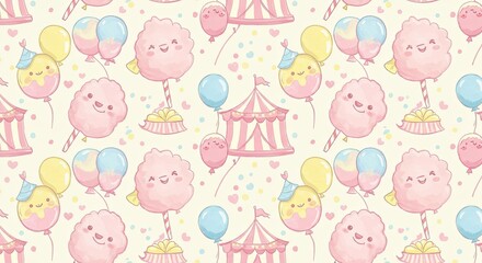 Kawaii seamless pattern featuring adorable pastel pink and yellow cotton candy clouds with smiling faces and colorful balloons and cute circus tents