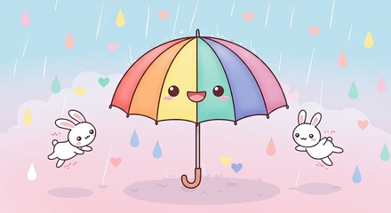 Kawaii Rainbow Umbrella with Cute Smiling Face and Playful Bunnies Hopping Under Pastel Raindrops and Hearts on a Cloudy Sky Background, Adorable